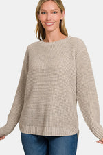 Zenana High Low Long Sleeve Waffle Sweater - Farnelli