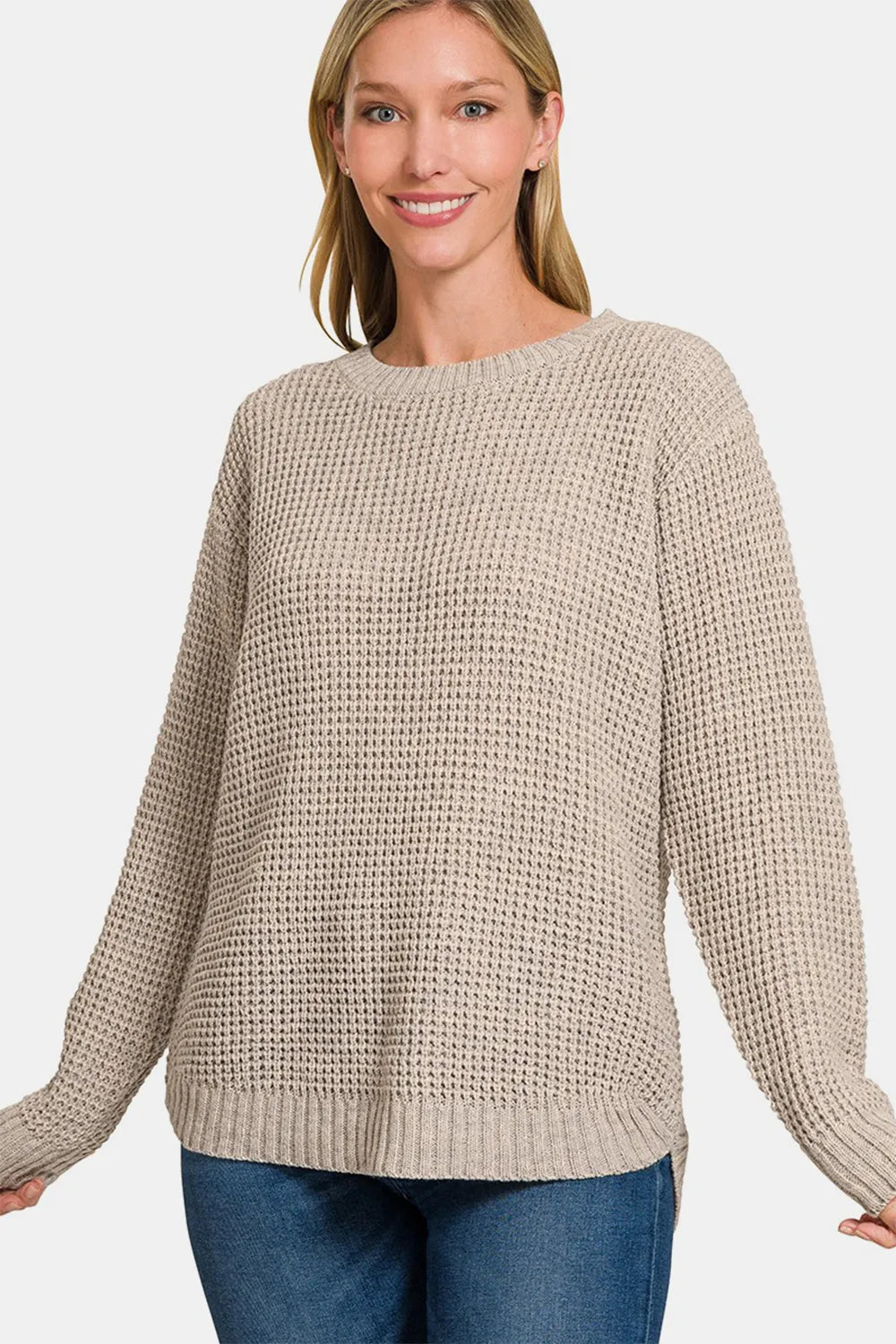 Zenana High Low Long Sleeve Waffle Sweater - Farnelli