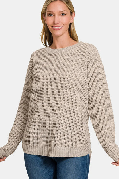 Zenana High Low Long Sleeve Waffle Sweater - Farnelli