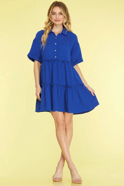 She + Sky Full Size Button Front Frill Tiered Mini Dress Plus Size - Farnelli