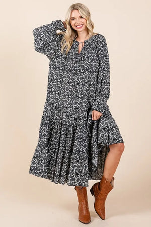 Mittoshop Printed Tie Neck Flounce Sleeve Midi Dress - Farnelli