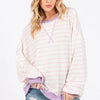 Ces Femme Striped Round Neck Drop Shoulder Sweatshirt - Blush Pink