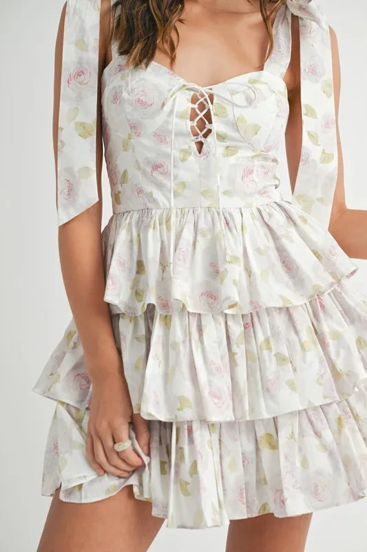 MABLE Floral Print Shoulder Tie Layered Mini Dress - Farnelli