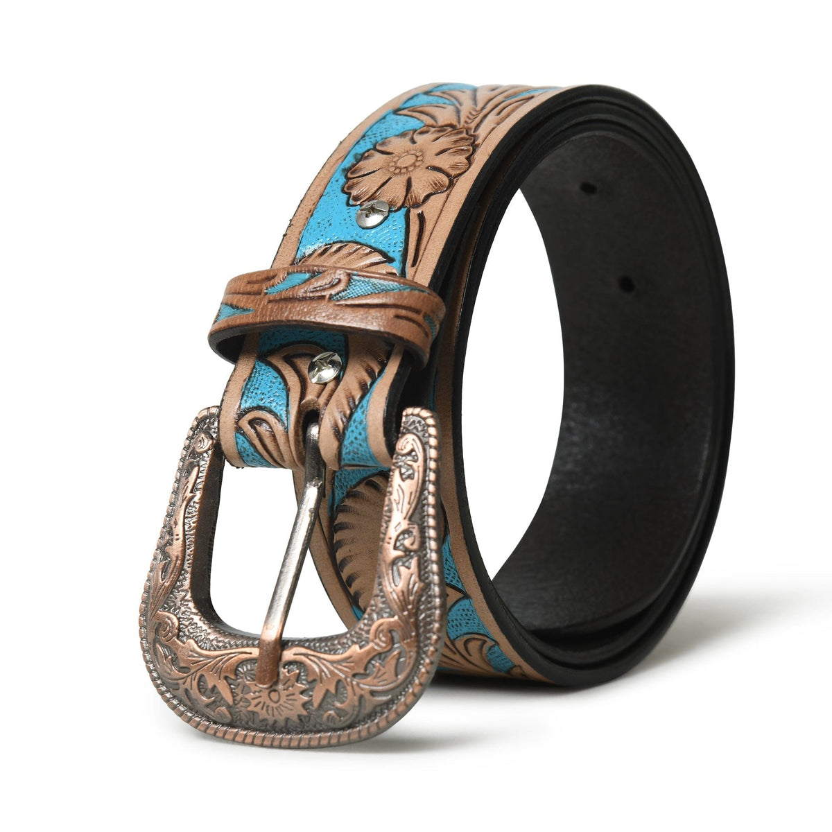 Western cowboy leather belt in blue and brown with detailed stitching, designed by Classy Leather Bags.