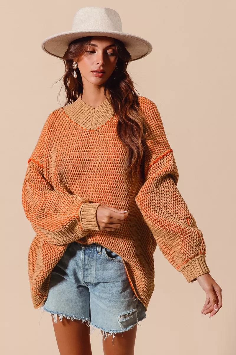 SO ME Oversized Two Tone Textured V Neck Sweater - Farnelli