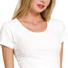 Zenana Ribbed Scoop Neck Crop Short Sleeve Top - WHITE
