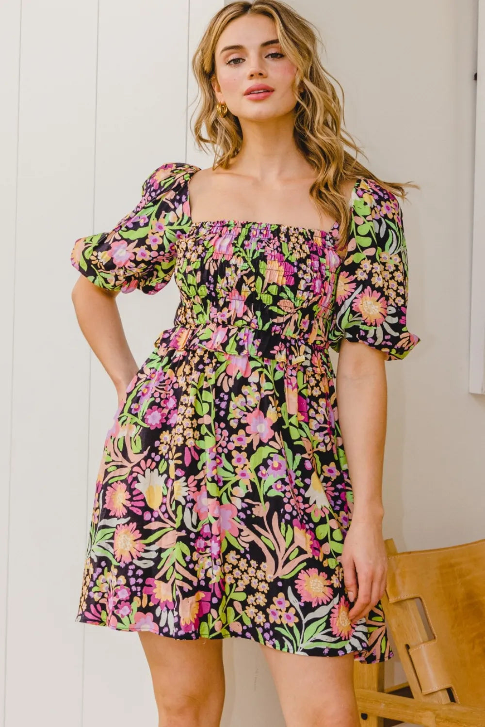ODDI Full Size Floral Tie-Back Mini Dress - Farnelli