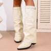 Point Toe Block Heels Boots - Beige