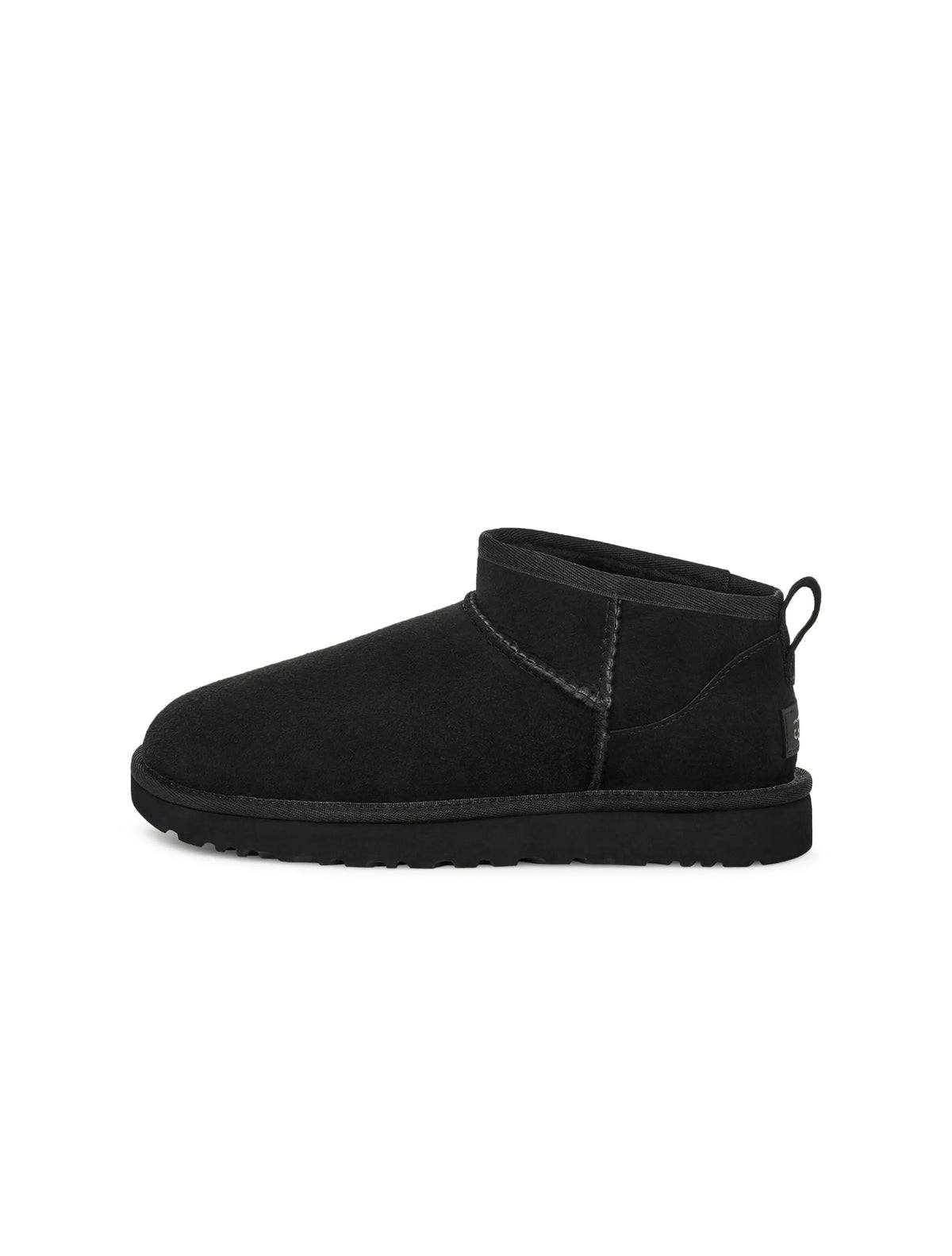 Black UGG women's Classic Ultra Mini boots, side view with low shaft and plush lining