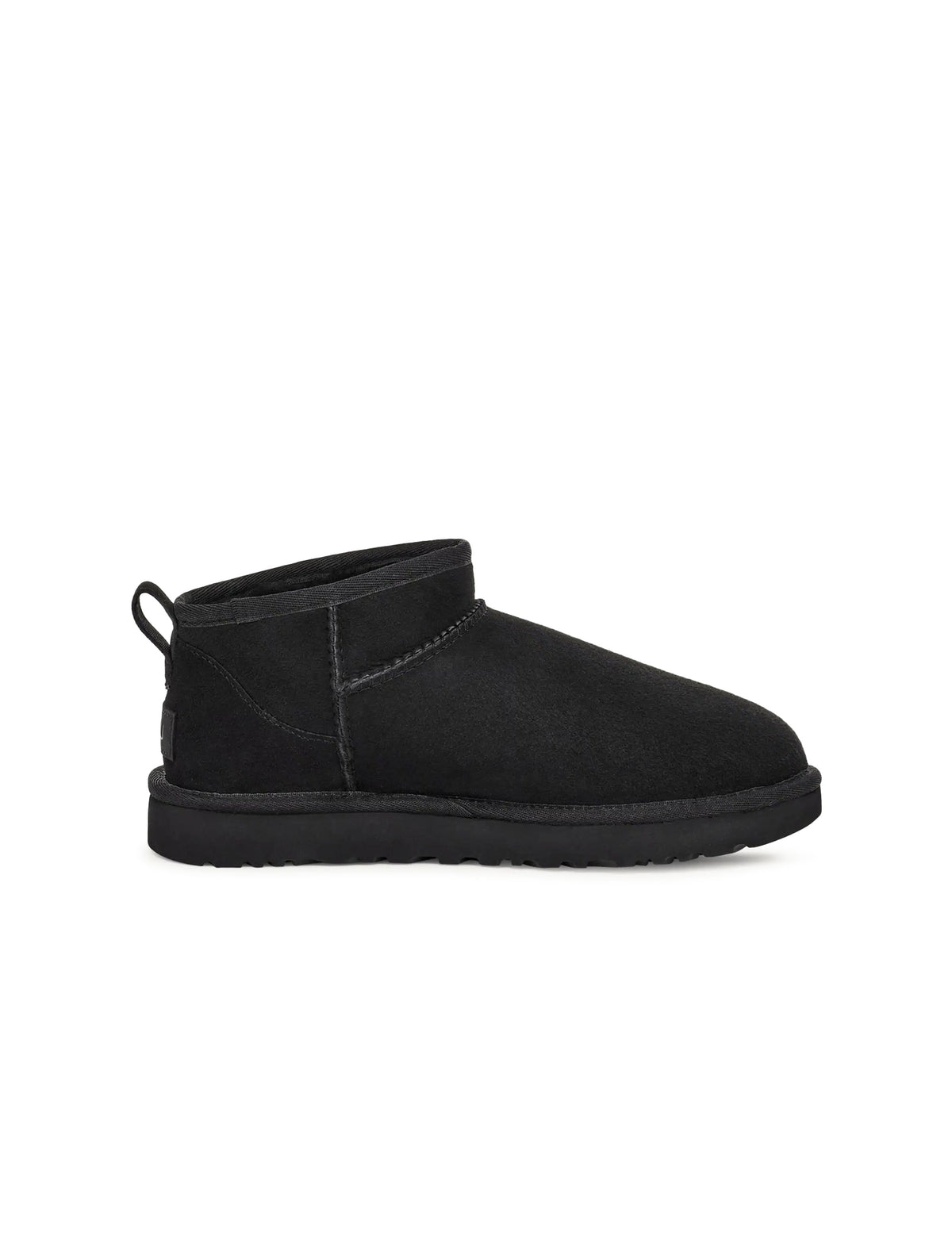 Black UGG women's Classic Ultra Mini boots, side view with low shaft and suede finish