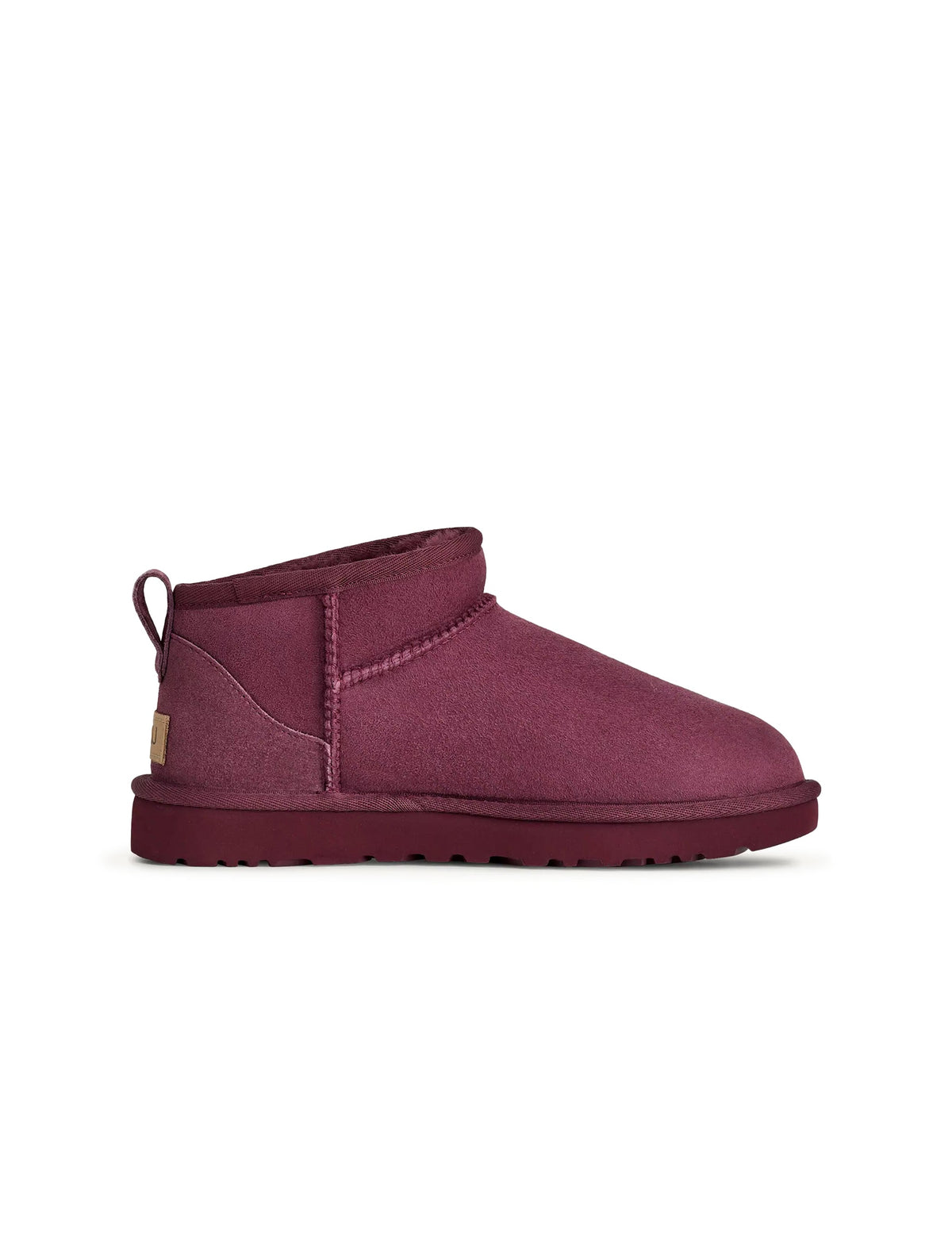 Denim Exchange women's UGG Classic Ultra Mini boots in burnt magenta suede, side view