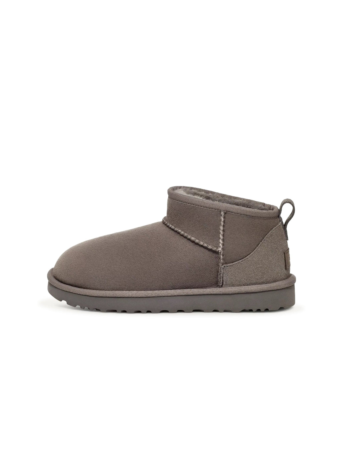 Grey UGG Women's Classic Ultra Mini footwear, stylish and cozy, shown in a close-up image highlighting the soft material and classic design.