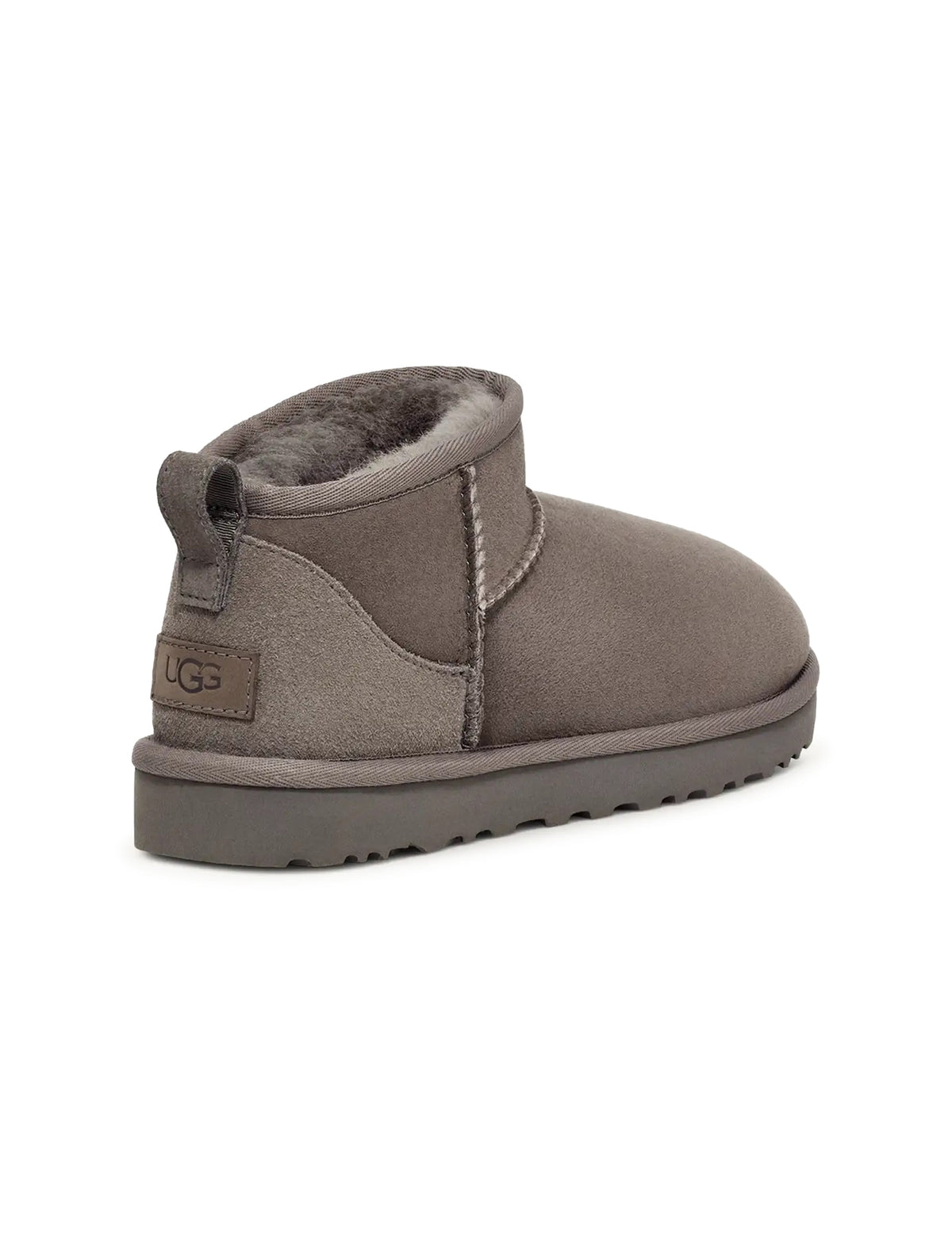 Gray UGG Women's Classic Ultra Mini boots in footwear style, showcasing soft suede material and cozy design.