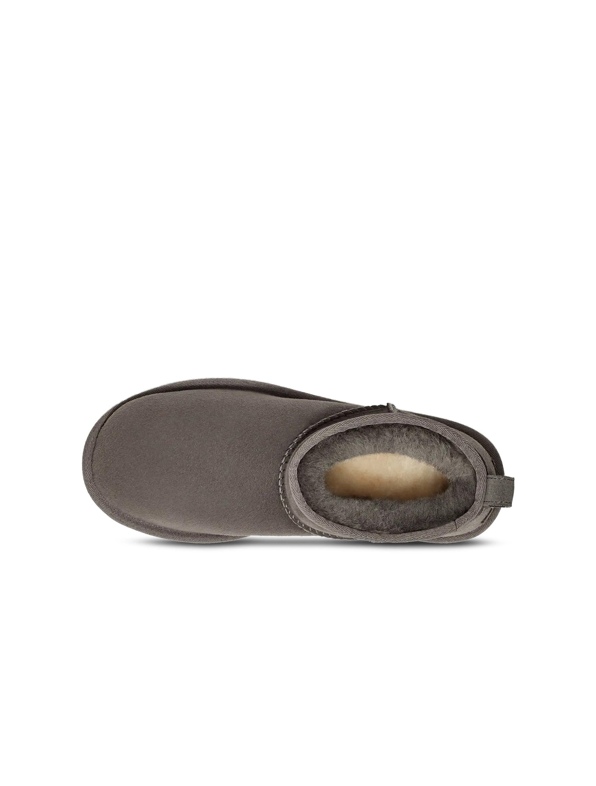 Grey UGG Women's Classic Ultra Mini footwear with plush sheepskin lining and durable sole, shown in a side view.