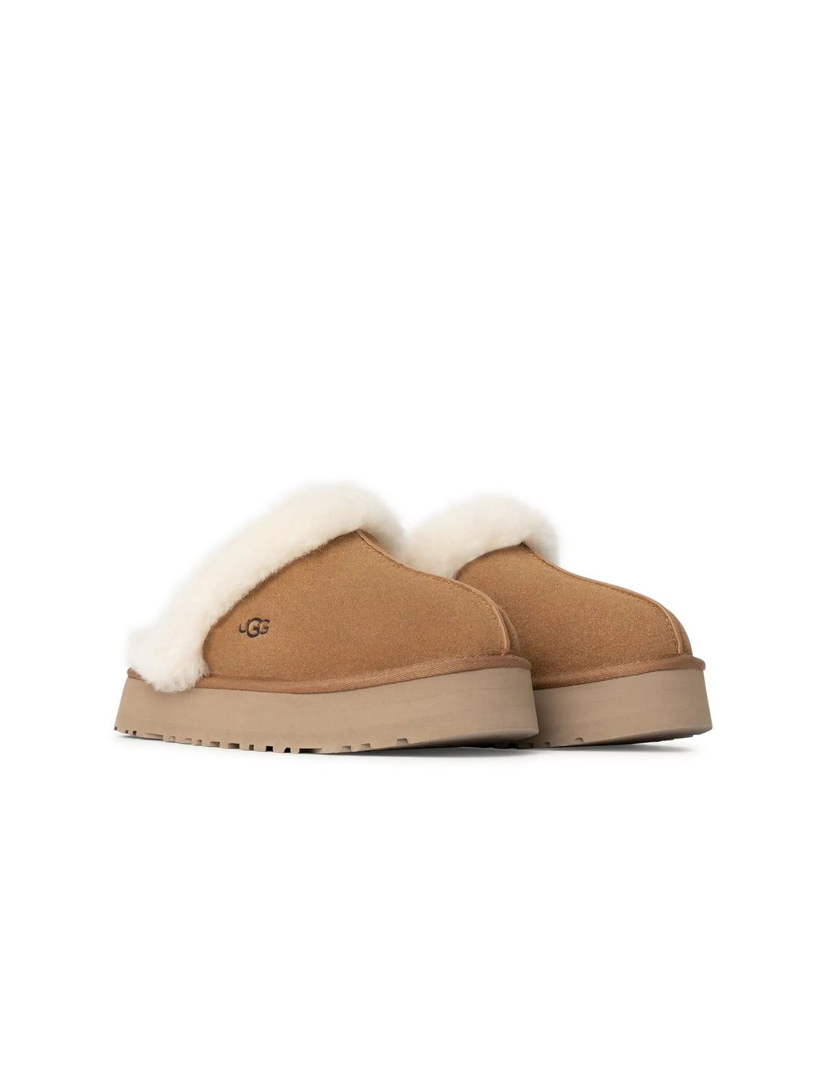 UGG Womens Disquette Chestnut footwear by Denim Exchange, showing tan suede slip-on shoes with chunky soles and rounded toes.