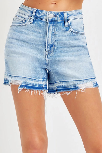 RISEN High Rise Distressed Hem Denim Shorts - Farnelli