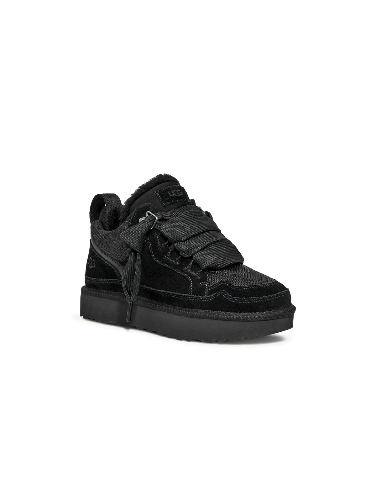 Black UGG Womens Lowmel footwear in a sleek low-profile design, featuring a comfortable slip-on style with subtle branding.