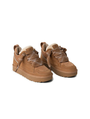 UGG Womens Lowmel Chestnut footwear with suede finish and slip-on style, featuring a rounded toe and low heel.