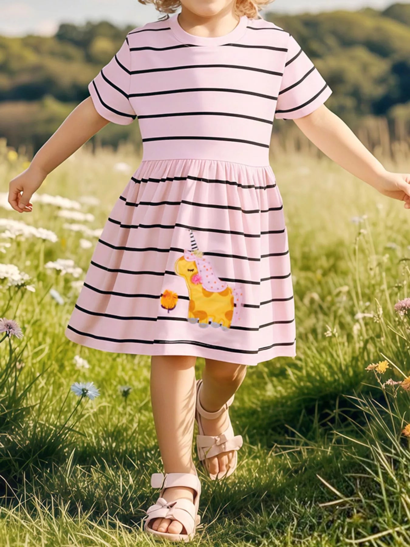 Children's Striped Unicorn Short Sleeve Casual Dress - Farnelli