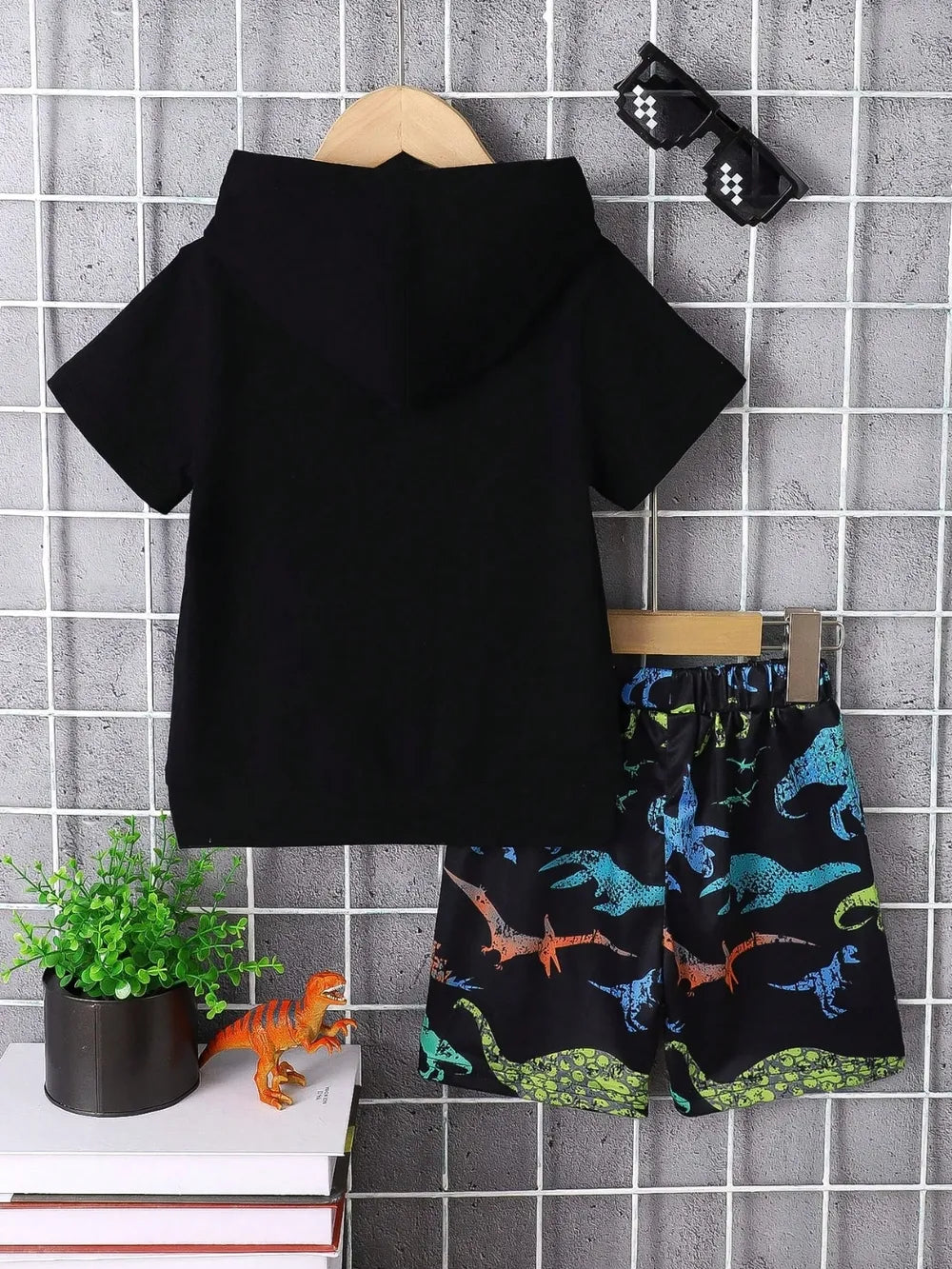 Children's Dinosaur Short Sleeve Hooded Top and Pants Set - Farnelli