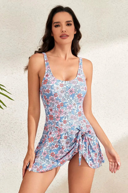 Drawstring Scoop Neck Wide Strap One-Piece Swimwear - Farnelli