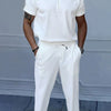 Men's Full Size Quarter Zip Short Sleeve Polo and Pants Set Plus Size - White