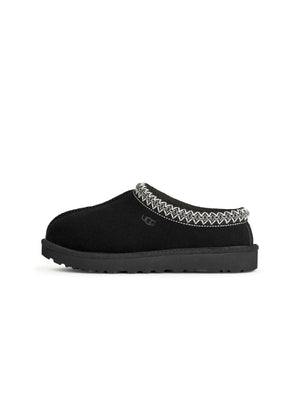 Black UGG Women's Tasman II footwear, stylish slip-on shoes with sheepskin lining, displayed on a neutral background.