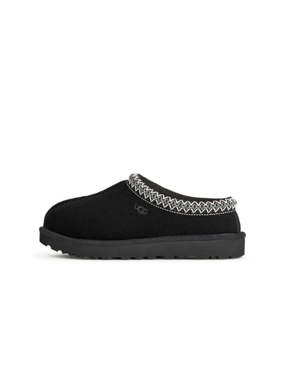 Black UGG Women's Tasman II footwear, stylish slip-on shoes with sheepskin lining, displayed on a neutral background.