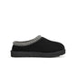 Black UGG Tasman II women's footwear with sheepskin lining and slip-on design, featuring a sleek, cozy look.