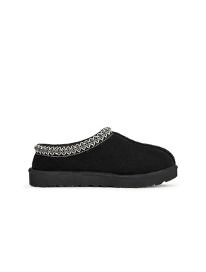 Black UGG Tasman II women's footwear with sheepskin lining and slip-on design, featuring a sleek, cozy look.