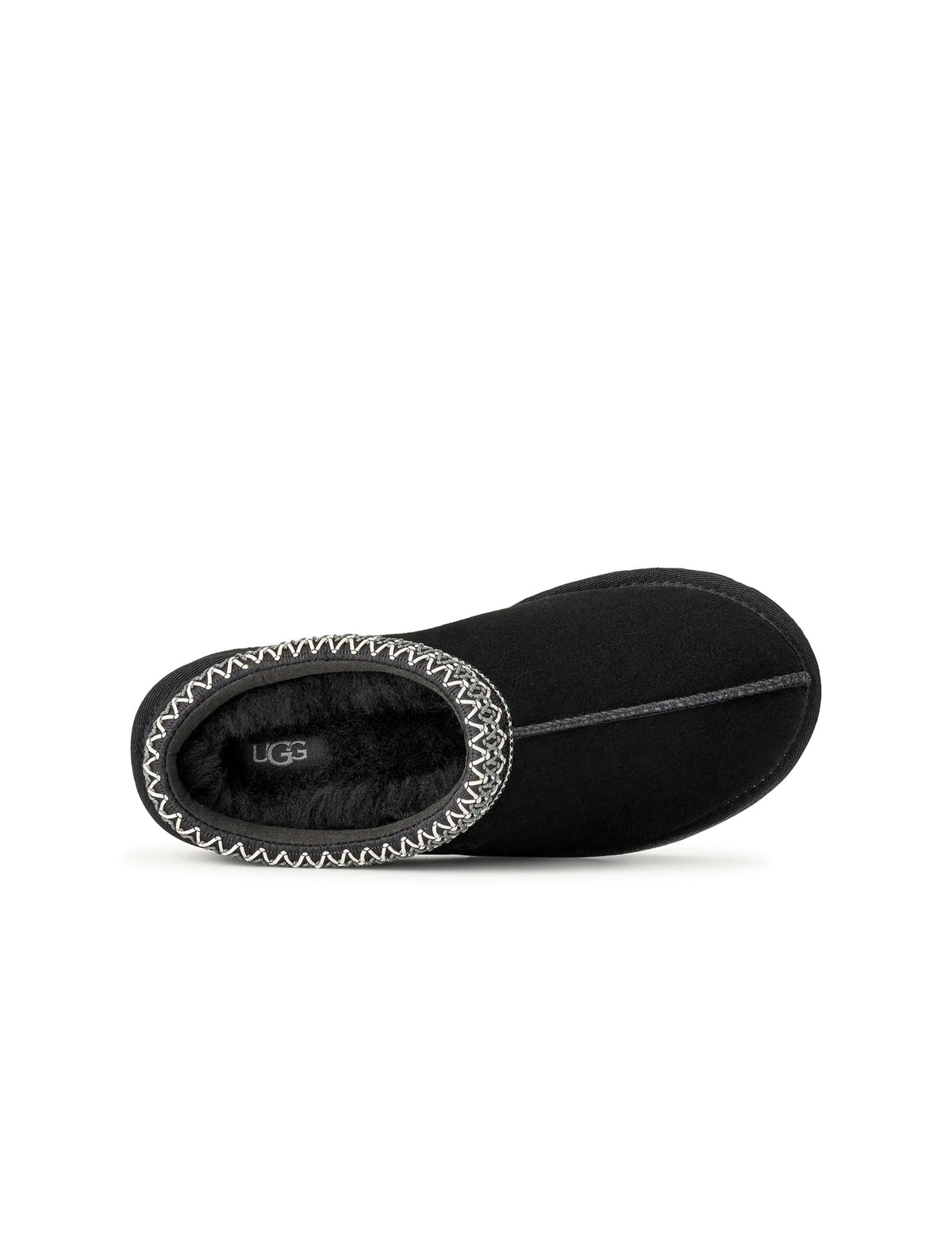 Black UGG Women's Tasman II footwear with sheepskin lining, stylish slip-on shoes for women, shown on a white background.