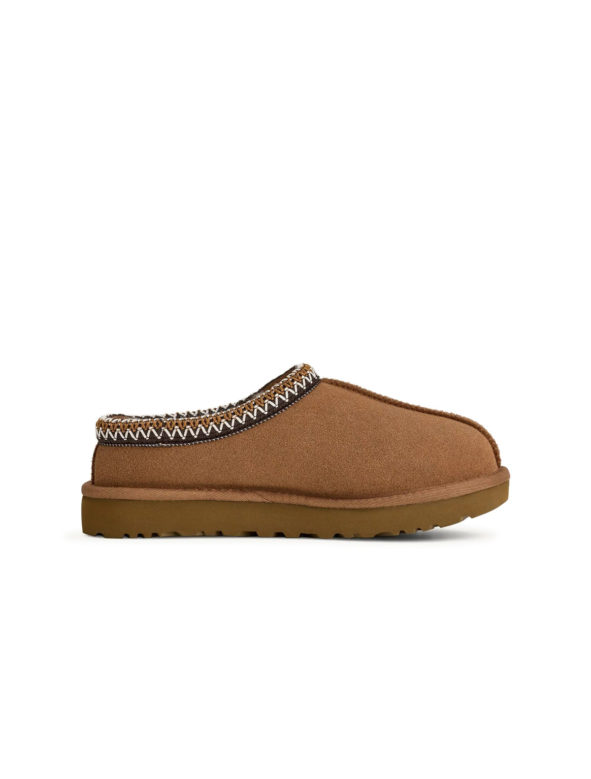 UGG Women's Tasman II chestnut suede slippers with shearling lining, showcasing cozy, casual footwear for women.