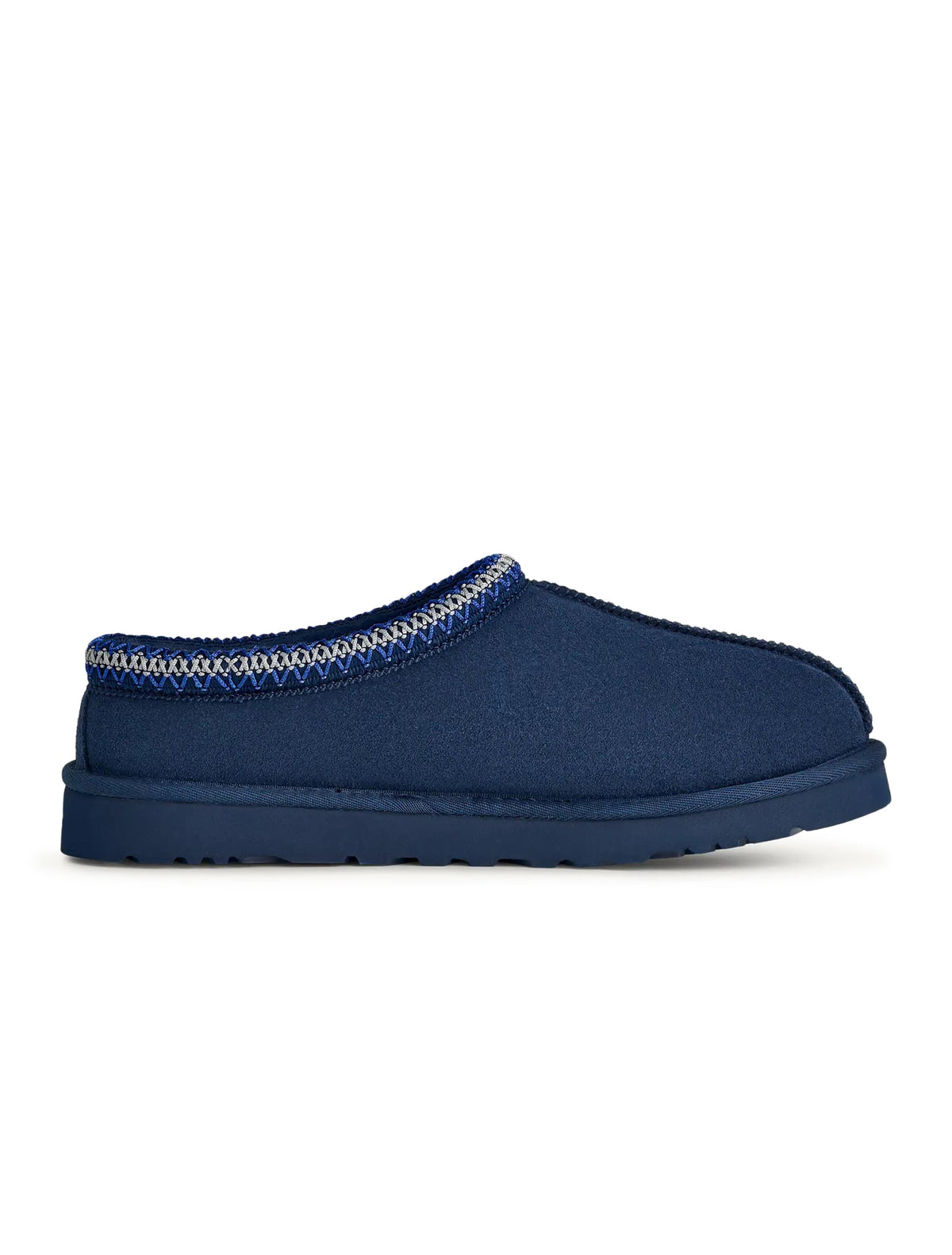 Men's UGG Tasman II footwear in Deep Ocean blue, side view of suede slip-on shoe with textured sole