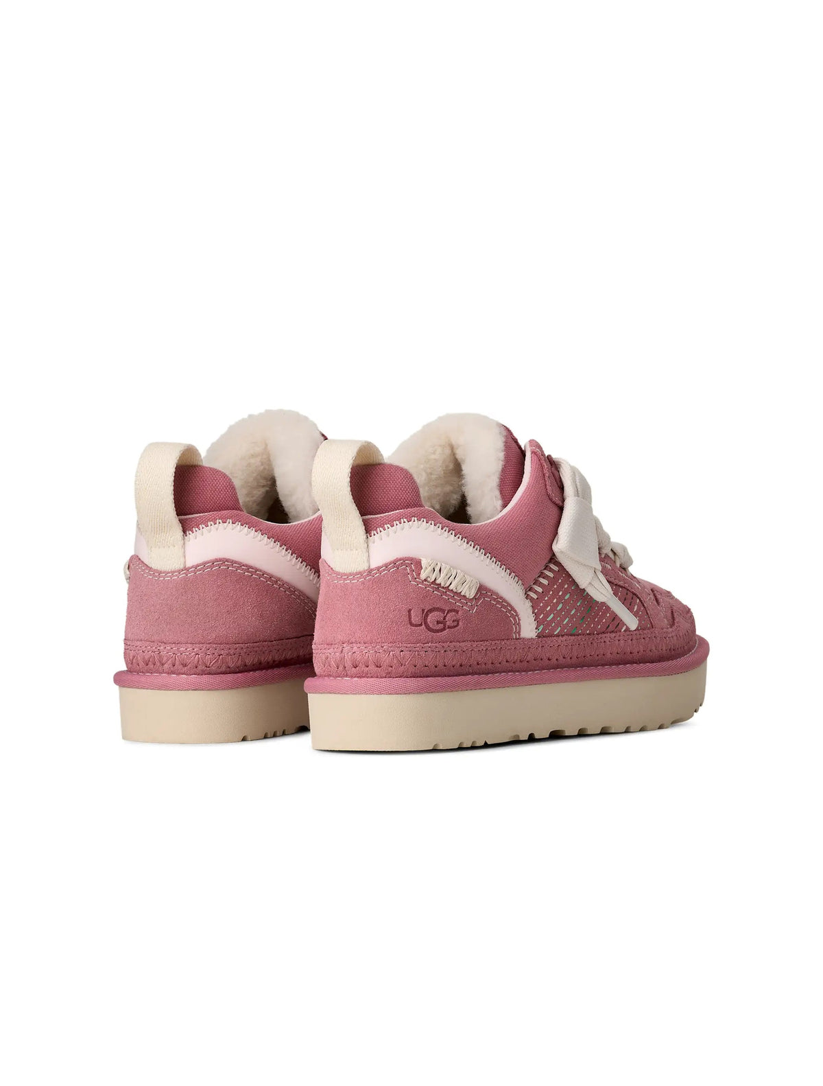 Denim Exchange UGG women's Lowmel Meadow sneaker in Horizon Pink, side view with suede and mesh details