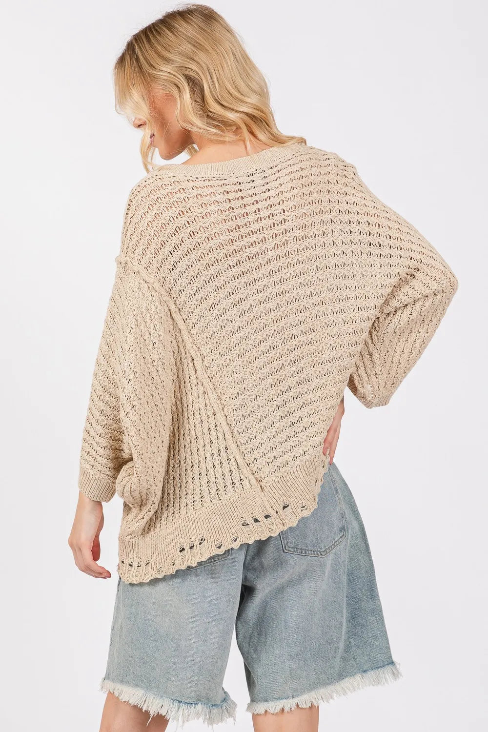 SAGE + FIG Distressed Asymmetrical Open Stitch Sweater - Farnelli