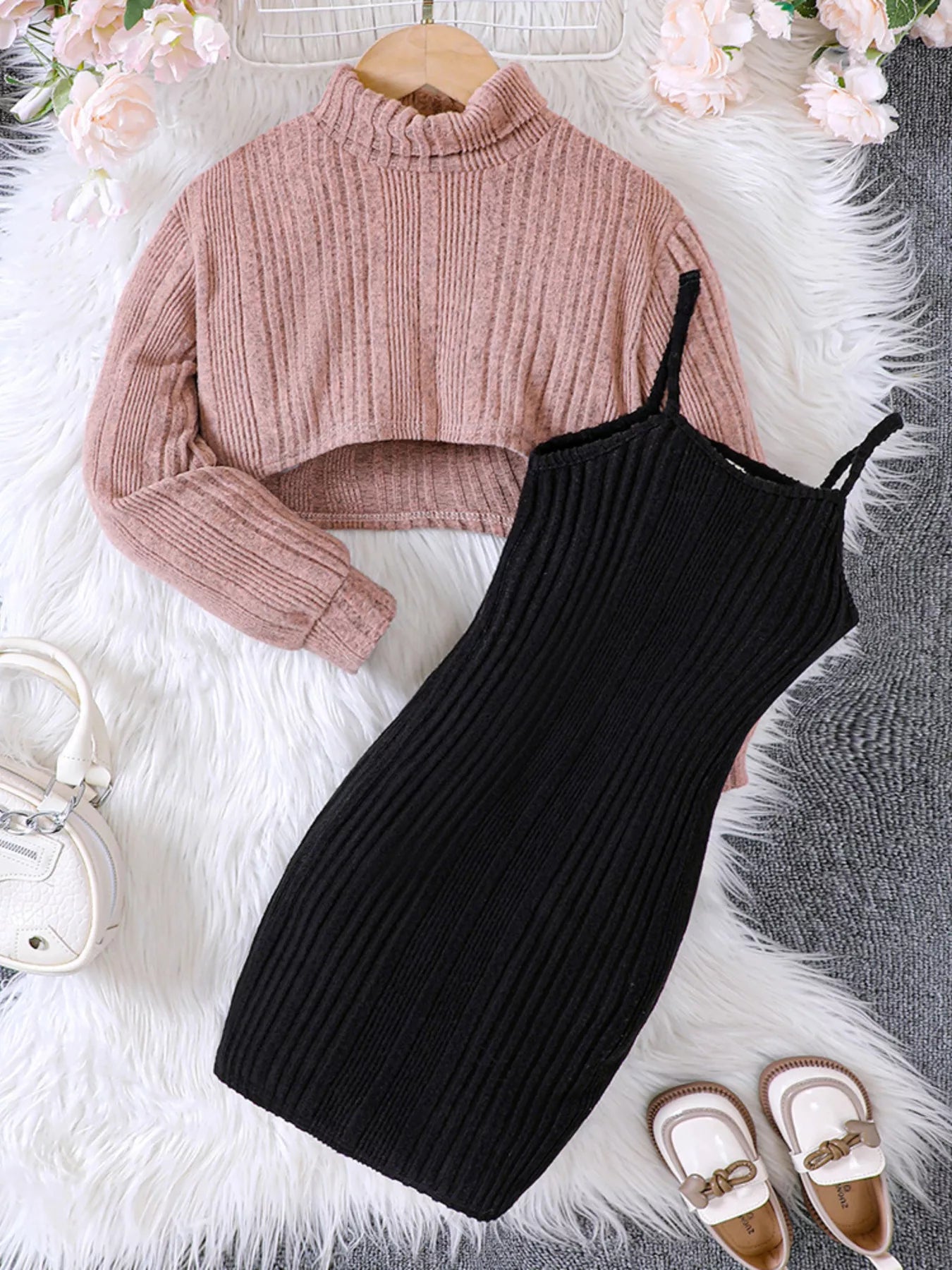 Children's Ribbed Knit Two-Tone Dress Set - Farnelli