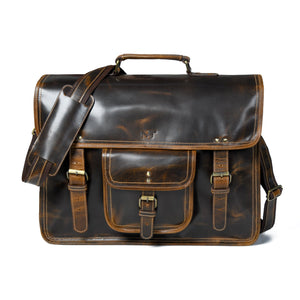 Classic brown MaheTri Old School messenger bag from Classy Leather Bags with adjustable shoulder strap and front flap closure.