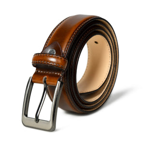 Eclipse Walnut Brown Leather Belt from Classy Leather Bags showing smooth leather strap with metal buckle.