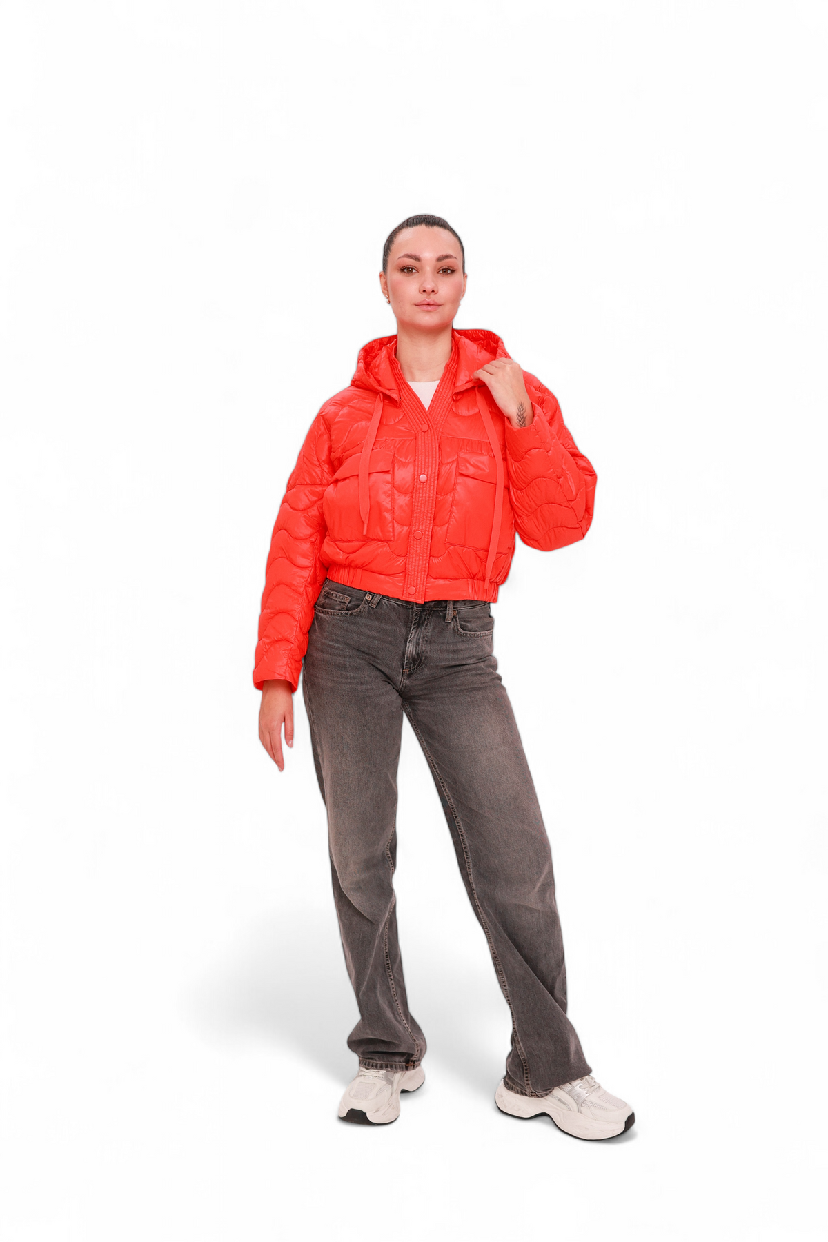 Alaska Outerwear Company Lexi cropped coral jacket with a modern silhouette