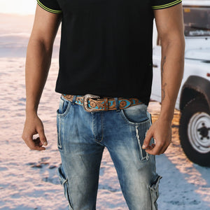 Western cowboy leather belt in blue and brown with detailed stitching, made by Classy Leather Bags.
