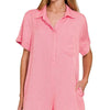 Zenana Tencel Mineral Washed Half Button Shirts Romper - DK PINK