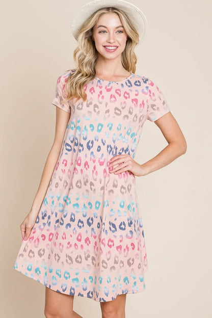 BOMBOM Leopard Round Neck Short Sleeve Dress - Farnelli