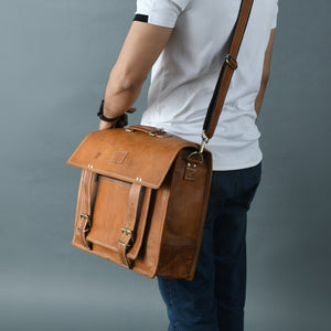 Tan brown MaheTri Big Pocket messenger bag by Classy Leather Bags with large front pocket and adjustable strap.