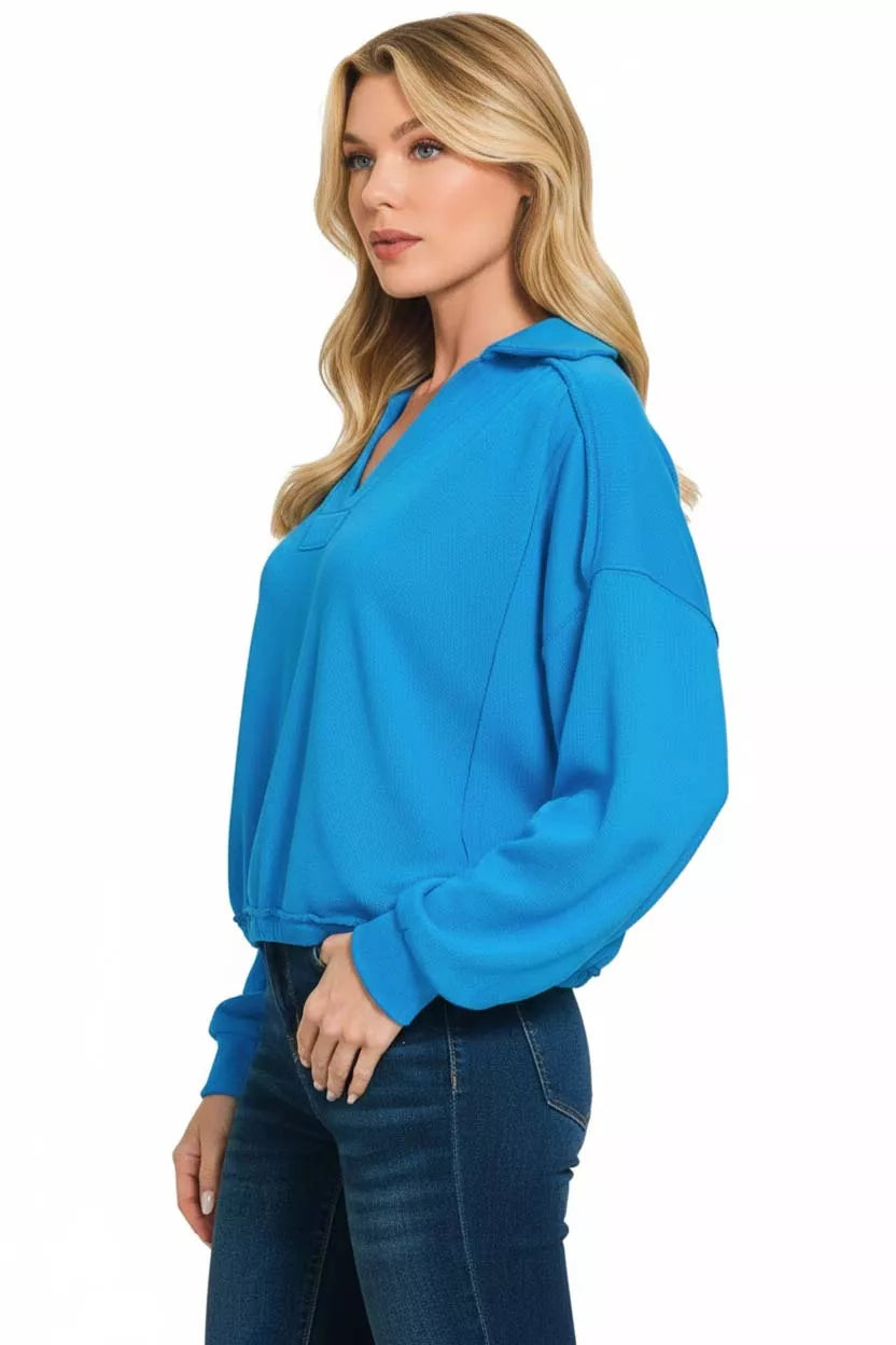 Zenana French Terry Collared Exposed Seam Sweatshirt - Farnelli