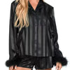 Striped Feather Trim Shirt and Shorts Lounge Set - Black