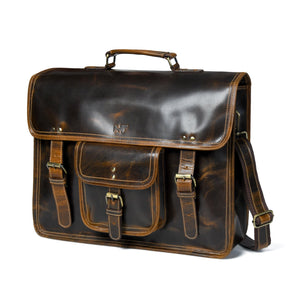 Classy Leather Bags MaheTri Old School messenger bag in brown leather with adjustable strap and vintage design.