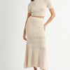 MABLE Pointelle Short Sleeve Crop Top and Slit Skirt Sweater Set - Cream