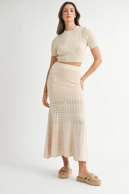 MABLE Pointelle Short Sleeve Crop Top and Slit Skirt Sweater Set - Farnelli