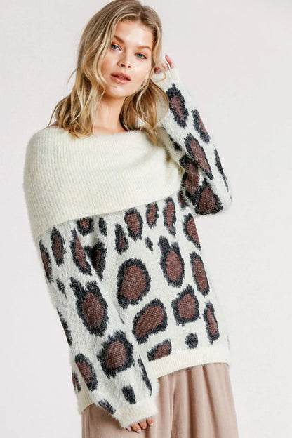 Umgee Full Size Leopard Off-Shoulder Long Sleeve Sweater Plus Size - Farnelli