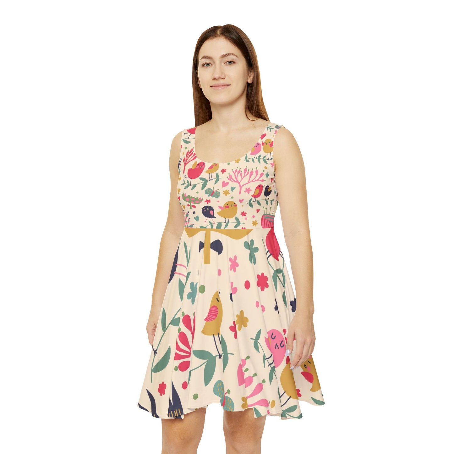 Floral Bird Print Women's Skater Dress | Spring Fashion, Summer Outfit, Casual Wear, Birthday Gift, Garden Party Dress